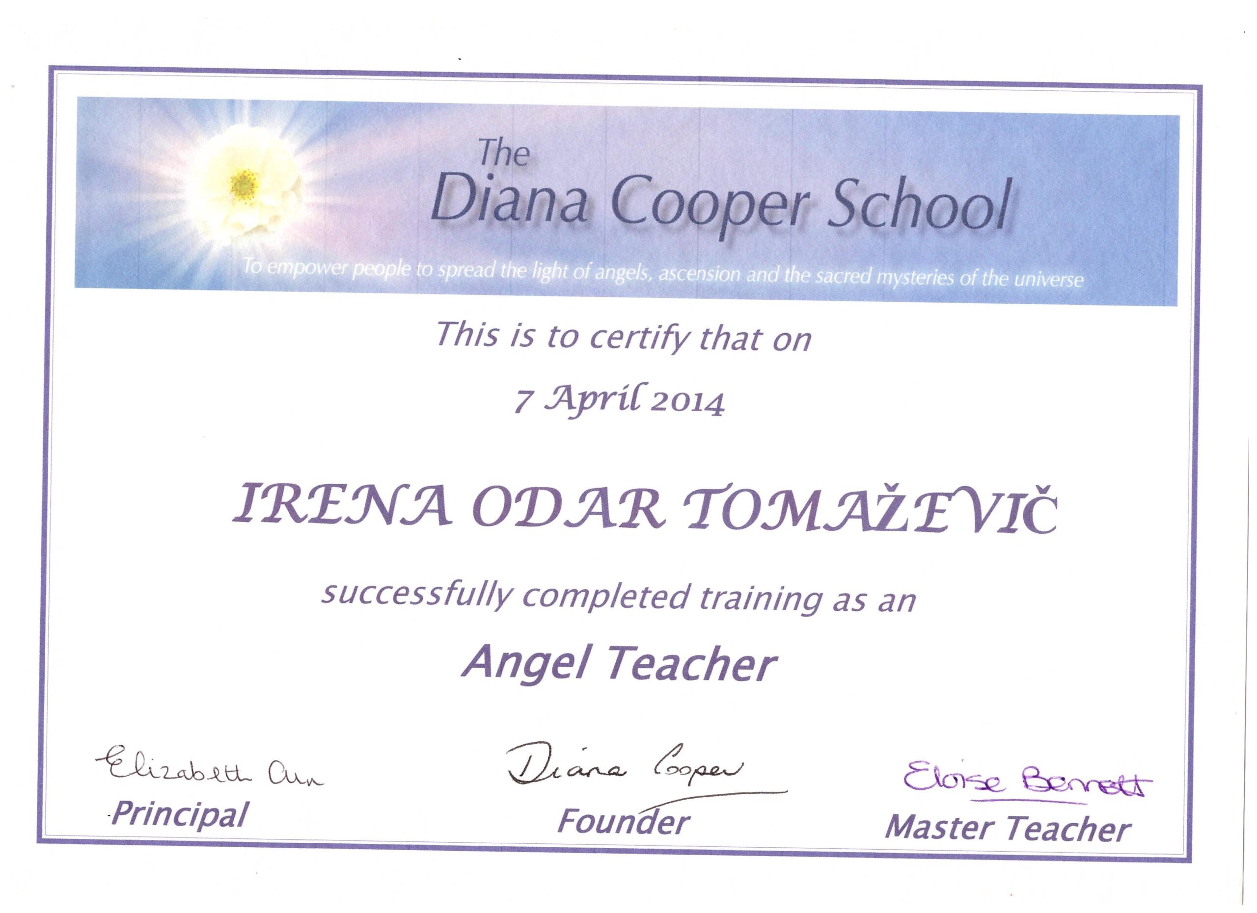 Certifikat Irena Odar Tomaževič