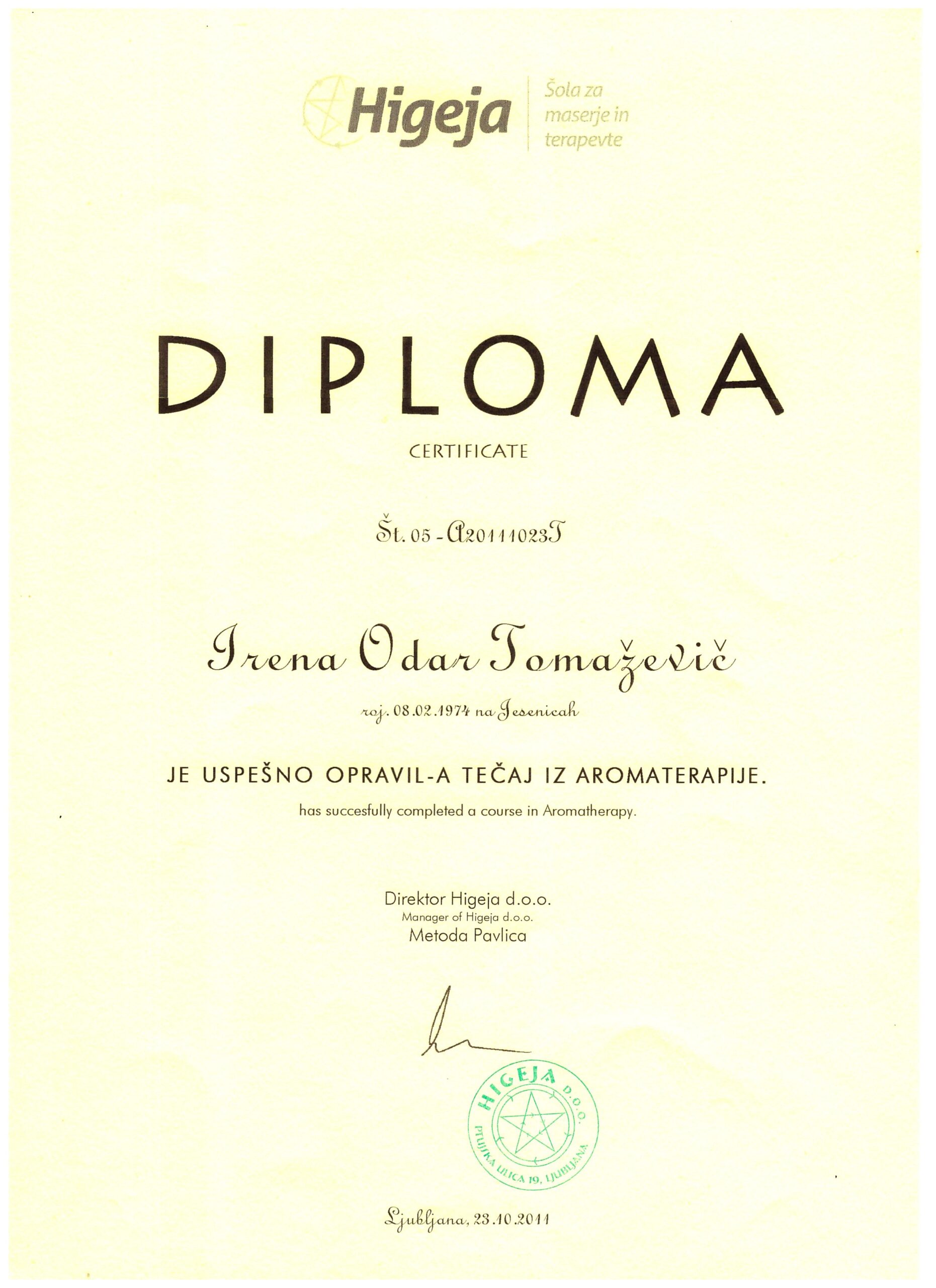 Certifikat Irena Odar Tomaževič - Moč svetlobe